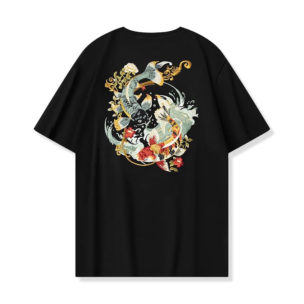Amazon | 和柄 刺繍Tシャツ 鯉 半袖 綿 黒 白 和柄 ロック T
